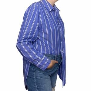 BP Asymmetrical High Low Button Up Dress Shirt Blue and White Top F8